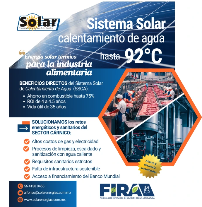 Sistema Solar para Calentamiento de Agua en industria alimentaria y sector cárnico para procesos de sanitización y agua caliente industrial.